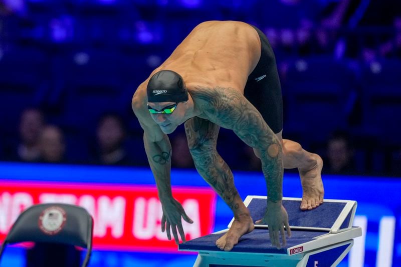 Caeleb Dressel swims during the Men's 50 freestyle finals Friday, June 21, 2024, at the US Swimming Olympic Trials in Indianapolis. (AP Photo/Michael Conroy)