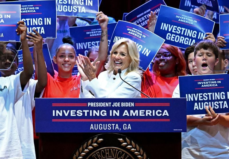 First lady Jill Biden speaks during America Workforce Hub tour at Augusta Technical College, Tuesday, July 18, 2023, in Augusta, Georgia. (Hyosub Shin / Hyosub.Shin@ajc.com)