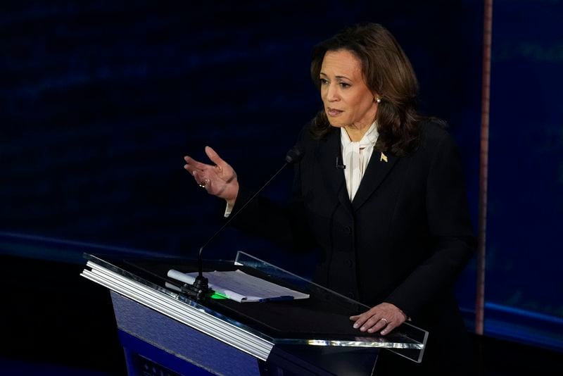 Democratic presidential nominee Vice President Kamala Harris speaks during a presidential debate with Republican presidential nominee former President Donald Trump at the National Constitution Center, Tuesday, Sept.10, 2024, in Philadelphia. (AP Photo/Alex Brandon)