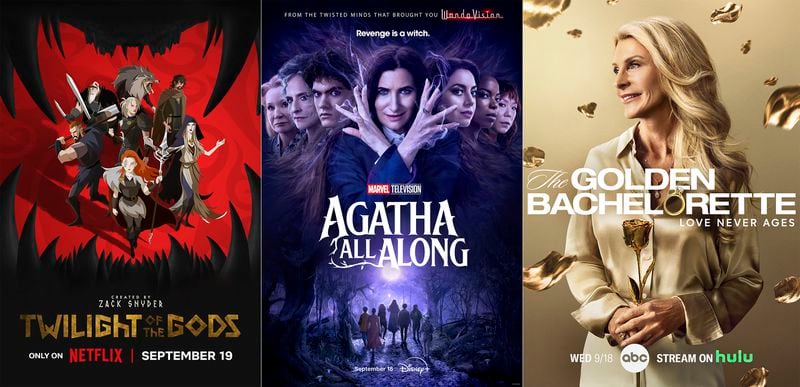 This combination of images shows promotional art for the Netflix series "Twilight of the Gods," left, the Disney+ series "Agatha All Along," center, and ABC's "The Golden Bachelorette." (Netflix/Disney+/ABC via AP)