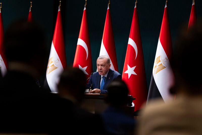 Turkish President Recep Tayyip Erdogan talks during a join bilateral signature agreements ceremony with Egyptian President Abdel Fattah el-Sissi at the Presidential palace in Ankara, Wednesday, Sept. 4, 2024. (AP Photo/Francisco Seco)