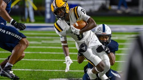 Valdosta’s JJ Gary is tackled during the Valdosta at South Gwinnett football game in Gwinnett on September 13, 2024. (Jamie Spaar for the Atlanta Journal Constitution)