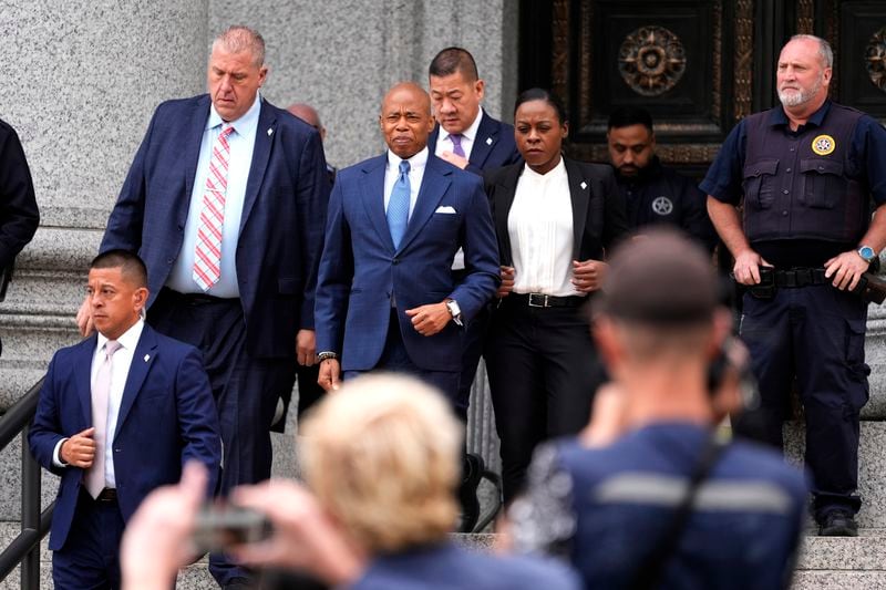 Mayor Eric Adams leaves the Thurgood Marshall United States Courthouse in New York, Wednesday, Oct. 2, 2024. (AP Photo/Pamela Smith)