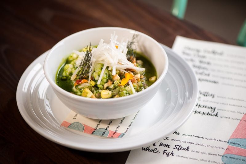 Watchman’s Ceviche Verde with shrimp, fish, corn nuts, cilantro puree, and citrus. CONTRIBUTED BY MIA YAKEL