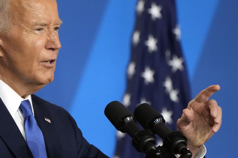 President Joe Biden speaks at a news conference Thursday July 11, 2024, on the final day of the NATO summit in Washington. (AP Photo/Jacquelyn Martin)