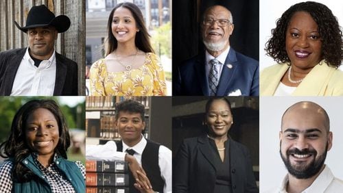 Georgia Democratic delegates Marcus Flowers (clockwise from top left), Prachitha “Prach” Porika, Calvin Smyre, Mereda Davis Johnson, Amin Ghoneim, Thelma Adams Johnson, Blake Robinson and Nakita Hemingway are looking forward with excitement to this week’s Democratic National Convention in Chicago that will make history with its nomination for president and for its diversity.