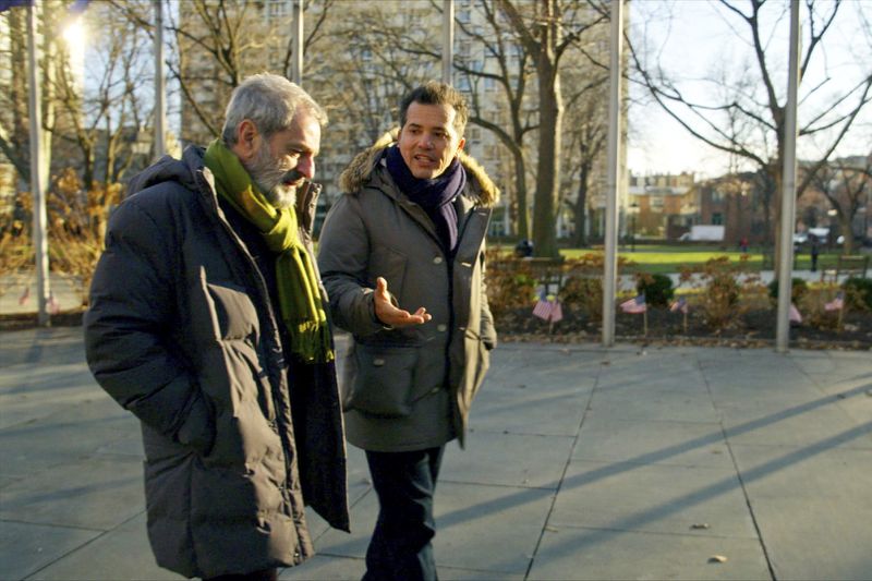 This image released by PBS shows actor/host John Leguizamo, right, with Barnard College professor José Moya in New York during the filming of the series "VOCES American Historia: The Untold History of Latinos." (NGL Studios/PBS via AP)