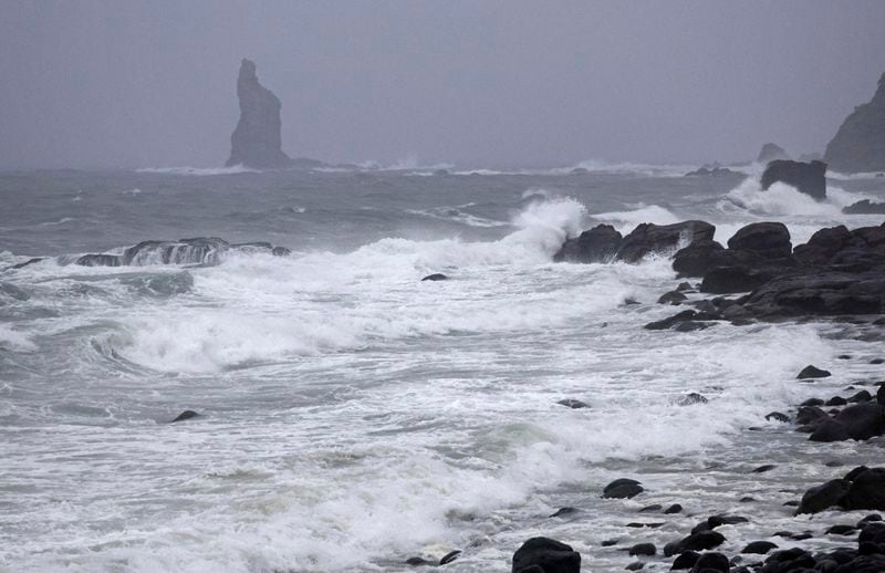 Waves hit a coastal area in Makurazaki, Kagoshima prefecture, western Japan, Wednesday, Aug. 28, 2024, as a typhoon is approaching. (Hidetaka Komukai/Kyodo News via AP)