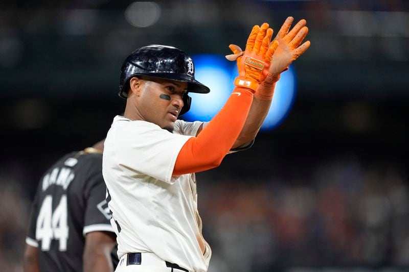 Detroit Tigers' Andy Ibáñez reacts after reaching third during the seventh inning of a baseball game against the Chicago White Sox, Friday, Sept. 27, 2024, in Detroit. (AP Photo/Carlos Osorio)