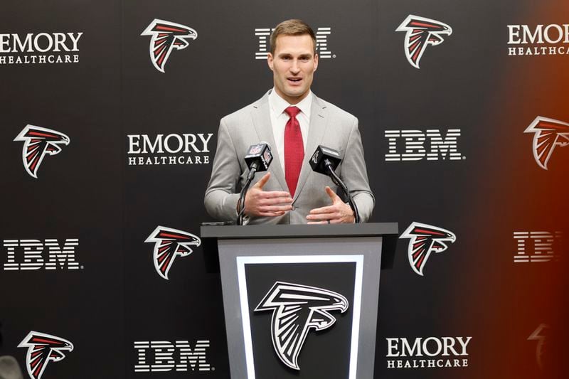Atlanta Falcons quarterback Kirk Cousins speaks during his introductory press conference at the Falcons practice facility in Flowery Branch on Wednesday, March 13, 2024.
Miguel Martinez/miguel.martinezjimenez@ajc.com