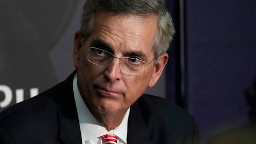 FILE.- Georgia Secretary of State Brad Raffensperger participates during an election forum, Sept. 19, 2024, in Ann Arbor, Mich. (AP Photo/Carlos Osorio, file)