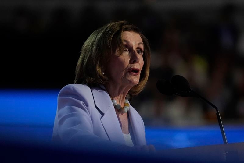 Rep. Nancy Pelosi, D-Calif., speaks during the Democratic National Convention Wednesday, Aug. 21, 2024, in Chicago. (AP Photo/Erin Hooley)