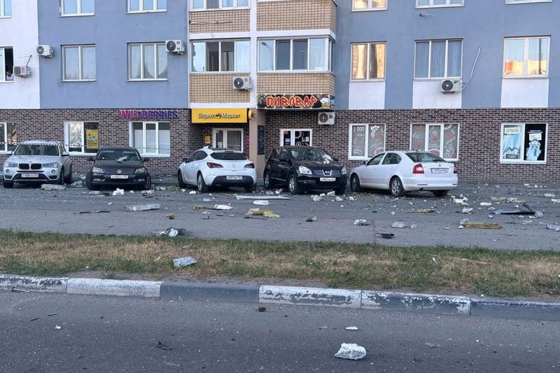 This photo released by the governor of the Saratov region, Roman Busargin, in his official Telegram channel on Monday, Aug. 26, 2024, shows a damaged building after a drone attack on the city of Engels, Saratov region, Russia. (Saratov region governor Roman Busargin official Telegram channel via AP)