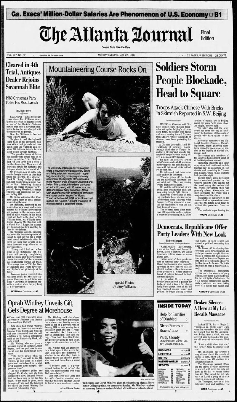The Atlanta Journal front page on May 22, 1989.