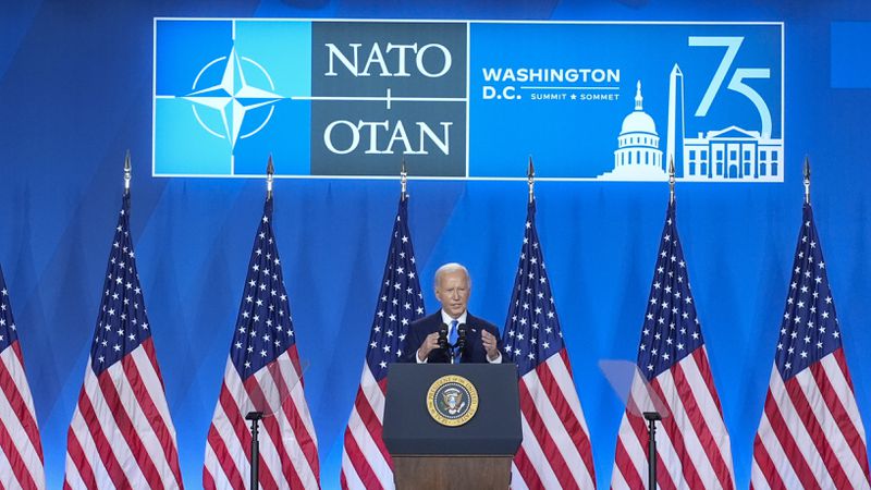 President Joe Biden speaks at a news conference Thursday July 11, 2024, on the final day of the NATO summit in Washington. (AP Photo/Jacquelyn Martin)