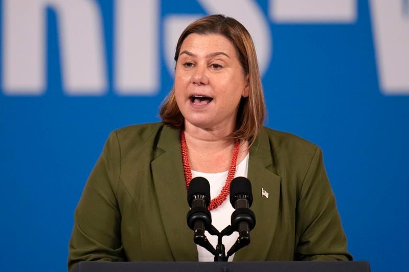 FILE - Rep. Elissa Slotkin, D-Mich., speaks at a campaign event in Detroit, Sept. 2, 2024. (AP Photo/Paul Sancya, File)