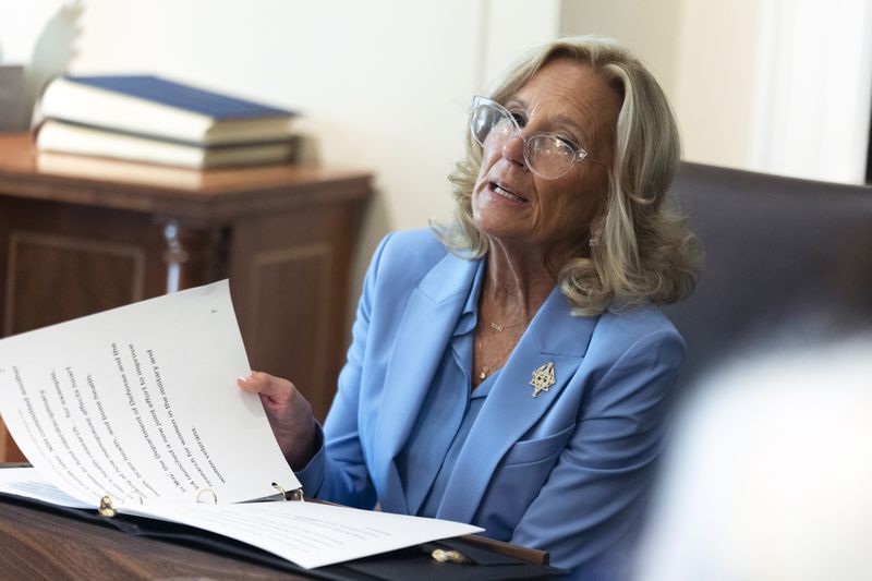 First lady Jill Biden, third from left, speaks during a cabinet meeting presided over by President Joe Biden, in the Cabinet Room of the White House, Friday, Sept. 20, 2024. (AP Photo/Manuel Balce Ceneta)