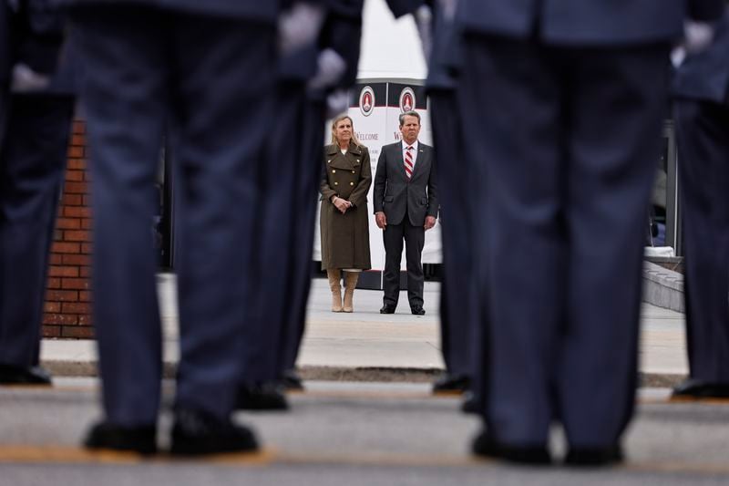 Gov. Brian Kemp prepares to review troops Thursday following his inauguration at the Georgia State University Convocation Center. (Natrice Miller/natrice.miller@ajc.com) 