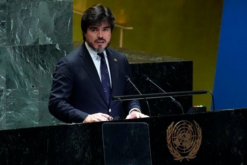 Ecuador Ambassador Jose Javier De La Gasca addresses the 79th session of the United Nations General Assembly, Monday, Sept. 30, 2024. (AP Photo/Richard Drew)