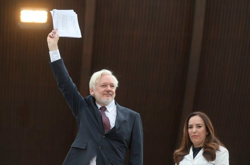 Wikileaks founder Julian Assange and his wife Stella Assange arrive at the Council of Europe in Strasbourg, eastern France, Tuesday, Oct. 1, 2024. (AP Photo/Pascal Bastien.)