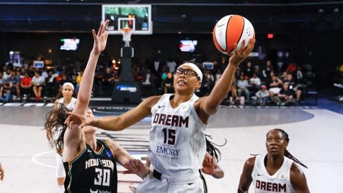 Atlanta Dream guard Allisha Gray (15) goes up for a basket during the second half against the New York Liberty on Sunday, June 23, 2024, in Atlanta, at Gateway Center Arena.¬†
(Miguel Martinez / AJC)