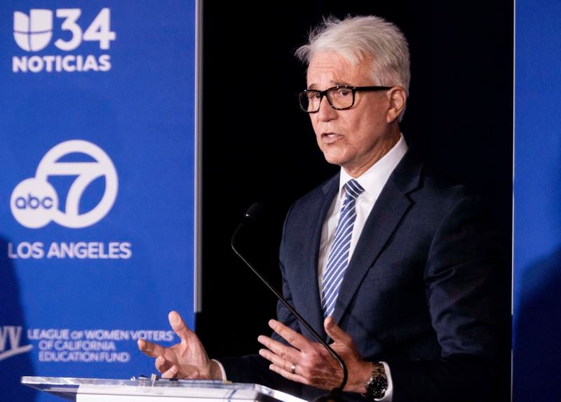 Los Angeles County District Attorney George Gascón speaks during the 2024 Los Angeles County district attorney candidate forum with incumbent Gascón and challenger former federal prosecutor Nathan Hochman in Los Angeles, Sunday, Sept. 29, 2024. (AP Photo/Ethan Swope)