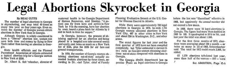 An article from the April 18, 1972, edition of The Atlanta Constitution describes how women in Georgia seeking an abortion are twice as likely to obtain one in New York, despite Georgia's 1968 abortion law that eased some restrictions on the procedure. (AJC archive)