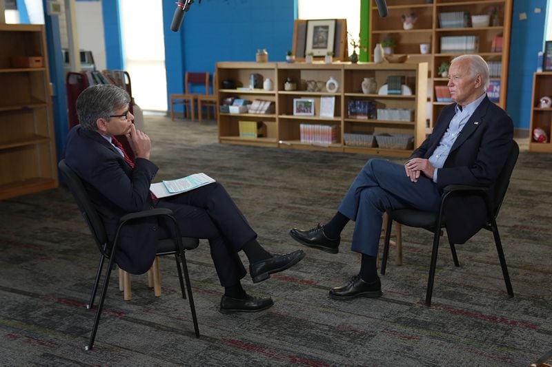 In this handout photo provided by ABC, President Joe Biden speaks with "This Week" anchor George Stephanopoulos on Friday, July 5, 2024, in Madison, Wisconsin. (ABC/Getty Images/TNS)