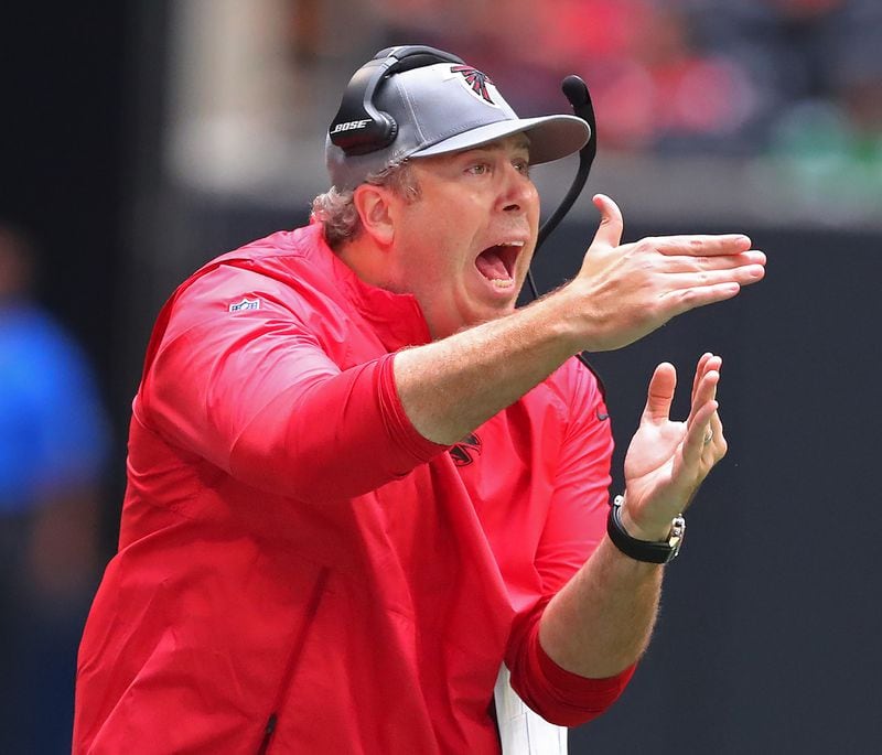 Falcons head coach Arthur Smith calls a time out against the Philadelphia Eagles during the first half Sunday, Sept. 12, 2021, at Mercedes-Benz Stadium in Atlanta. (Curtis Compton / Curtis.Compton@ajc.com)