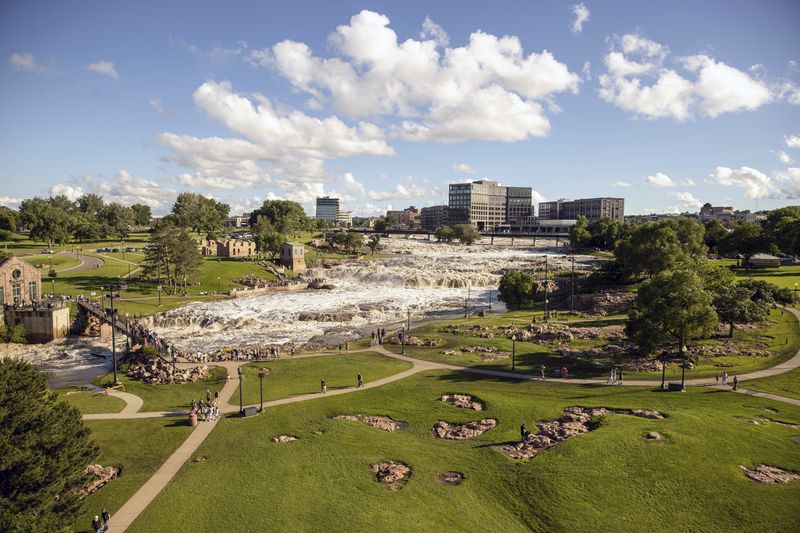 Falls Park is submerged Saturday, June 22, 2024, after days of heavy rain led to flooding in the area in Sioux Falls, S.D. (AP Photo/Josh Jurgens)