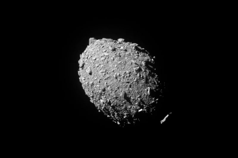 This image provided by NASA shows the asteroid Dimorphos, captured by NASA’s DART mission just two seconds before the spacecraft struck its surface, on Sept. 26, 2022. (NASA/Johns Hopkins APL via AP)