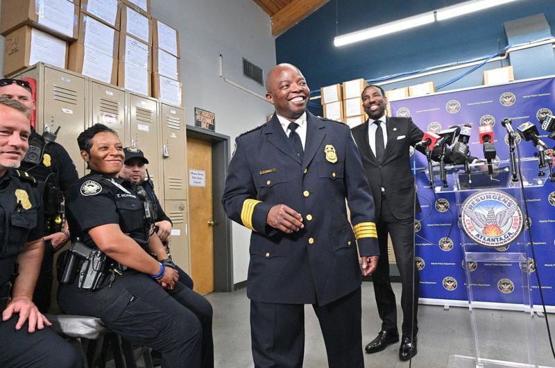 April 15, 2022 Atlanta - Atlanta Police Chief Rodney Bryant and Mayor Andre Dickens (behind) leave after announcing Chief’s retirement at the Atlanta Police Department Zone 4 headquarters on Friday, April 15, 2022. Atlanta Police Chief Rodney Bryant will retire in June after serving the city for over three decades, the mayor’s office announced Friday morning. (Hyosub Shin / Hyosub.Shin@ajc.com)