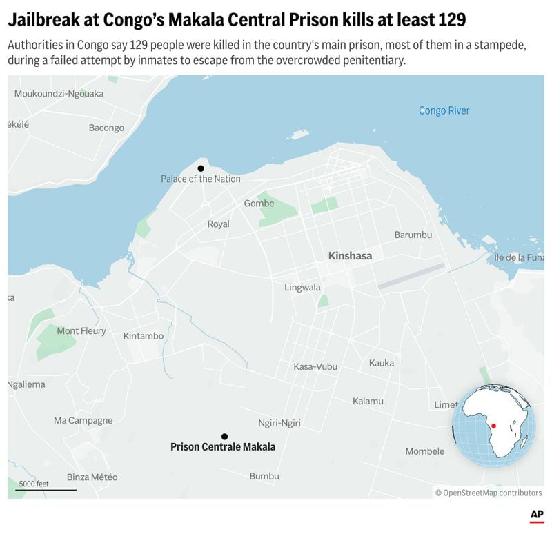 Authorities in Congo say 129 people were killed at Makala Central Prison, the country's main prison, most of them in a stampede, during a failed attempt by inmates to escape from the overcrowded penitentiary. (AP Digital Embed)