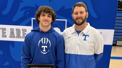 Running back/linebacker Toby Maddux (left) and head coach Sean Patrick helped lead Trion to the Region 7-A Division I championship in 2023. They were named the region's Player and Coach of the Year.
