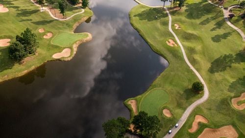 Aerial view of the 9th hole from the green (bottom) to the teeing ground (top) on the Heritage course at Heritage Golf Links in Tucker. (Hyosub Shin / Hyosub.Shin@ajc.com)
