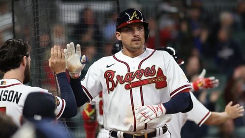 Braves third baseman Austin Riley (27) after hitting a home run during a game against the Cincinnati Reds at Truist Park on Thursday, April 7, 2022, in Atlanta.  Branden Camp/For the Atlanta Journal-Constitution