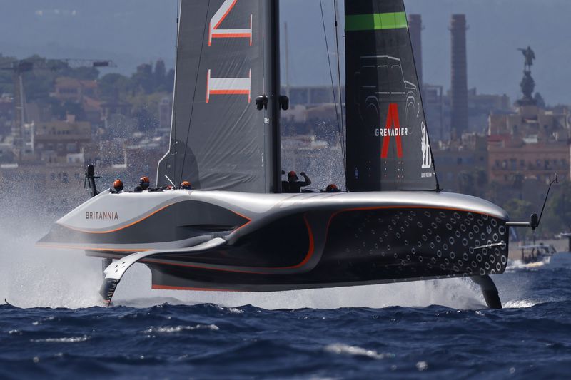 INEOS Britannia sailing team competes during the Louis Vuitton Cup Final Day 7 at the Barcelona's coast, Spain, Friday, Oct. 4, 2024. (AP Photo/Joan Monfort)