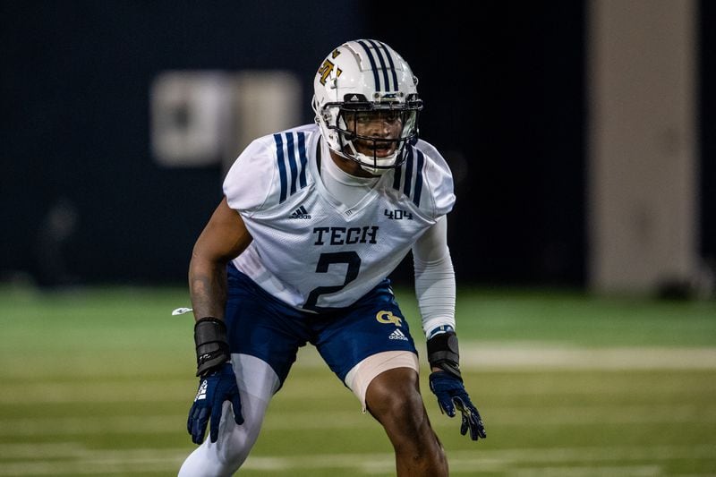 Georgia Tech safety Tariq Carpenter on the field for the first day of spring practice March 30, 2021. Carpenter was not at his best last season after having surgery on both wrists during the offseason, procedures that impacted his weight and conditioning. This spring, Carpenter was lighter, had lost weight and was hopeful for a productive senior season. (Danny Karnik/Georgia Tech Athletics)