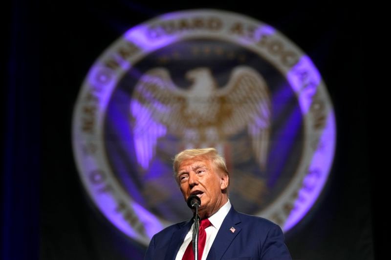 Republican presidential nominee former President Donald Trump speaks at the National Guard Association of the United States' 146th General Conference, Monday, Aug. 26, 2024, in Detroit. (AP Photo/Carolyn Kaster)