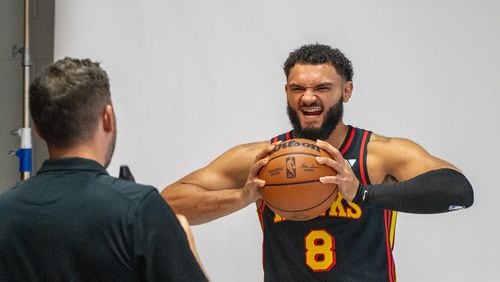 Hawks player David Roddy, #8, poses for photos during media day. Hawks media day takes place on Monday, Sept 30, 2024 where media outlets including the Associated Press, Getty, NBA and many others gather to take photos, conduct interviews and gather footage.   (Jenni Girtman for The Atlanta Journal-Constitution)