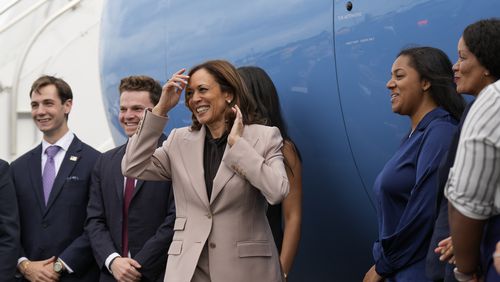 Democratic presidential nominee Vice President Kamala Harris meets with staff on the tarmac before boarding Air Force Two, Monday, Sept. 9, 2024, near Philadelphia International Airport, in Philadelphia, Tuesday, Sept. 17, 2024. (AP Photo/Jacquelyn Martin)