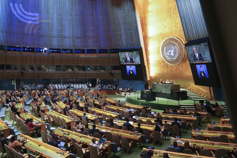 U.S. Secretary of State Antony Blinken speaks during "Summit of the Future" on the sidelines of the UN General Assembly at the United Nations Headquarters in New York, Monday, Sept. 23, 2024. (Bryan R. Smith/Pool Photo via AP)