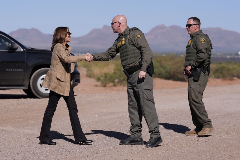 Democratic presidential nominee Vice President Kamala Harris greets members of the U.S. Border Patrol as she visits the U.S. border with Mexico in Douglas, Ariz., Friday, Sept. 27, 2024. (AP Photo/Carolyn Kaster)