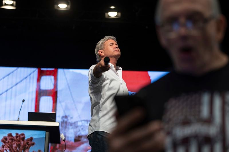 Pastor Jack Hibbs listens to the reading of a bible verse at a Comeback California Tour event at Revival Fellowship, Saturday, Sept. 21, 2024, in Menifee, Calif. (AP Photo/Zoë Meyers)