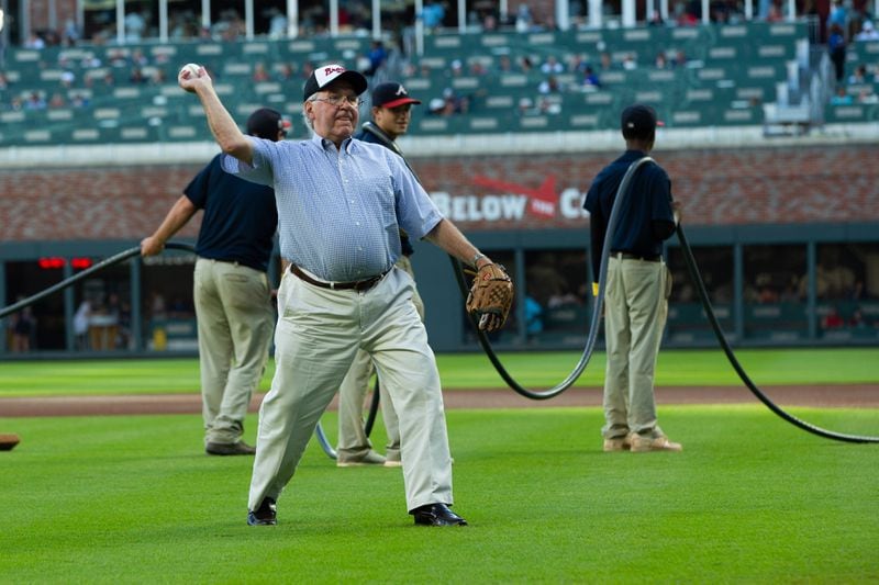 The late Justice Harris Hines threw out the ceremonial first pitch prior to the Atlanta Braves' Sept. 1 game against the Pittsburgh Pirates. Photo by Kevin D. Liles for the Atlanta Braves