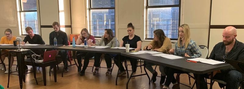 Preparing for a staged reading of "Dandelion": Zuniga, third from right, with Ensemble Atria’s cast at Shelter Studios in New York City in March 2019.