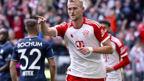 FILE - Bayern's Matthijs de Ligt celebrates scoring his side's third goal during the German Bundesliga match between Bayern Munich and VfL Bochum at the Allianz Arena inn Munich, Germany, Saturday, Sept. 23, 2023.. (Sven Hoppe/dpa via AP, File)