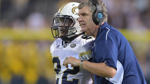 October 21, 2017 Atlanta - Georgia Tech head coach Paul Johnson instructs Georgia Tech running back Clinton Lynch (22) in the second half of an NCAA college football game at Bobby Dodd Stadium on Saturday, October 21, 2017. Georgia Tech beat Wake Forest 38-24. HYOSUB SHIN / HSHIN@AJC.COM