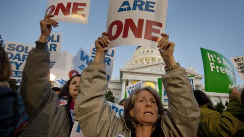 Teachers in California protest a Wisconsin law affecting public-sector collective bargaining, February 2011. (AP file photo)