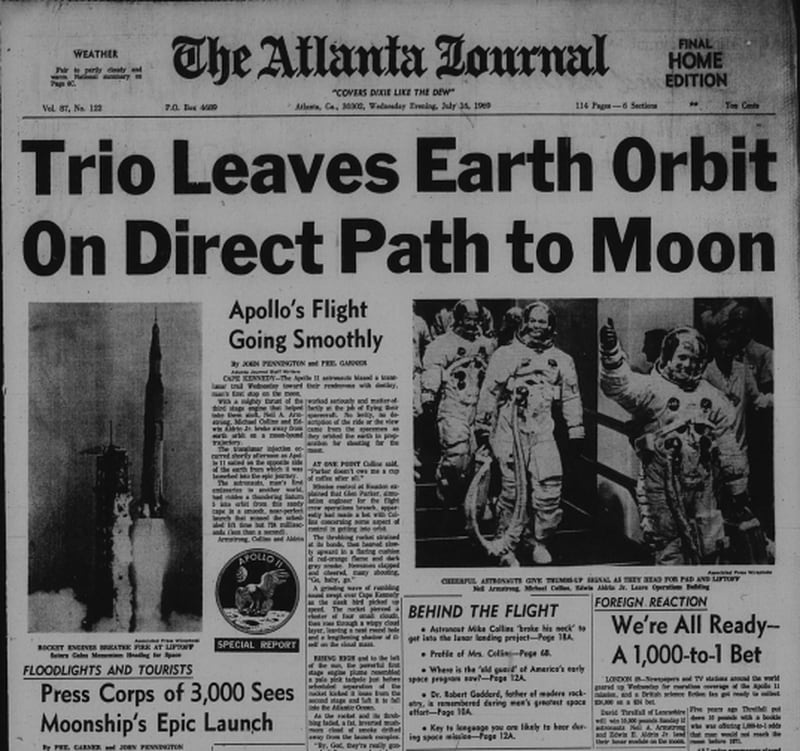 The Atlanta Journal front page from the July 16, 1969 launch of Apollo 11.  (AJC archives)